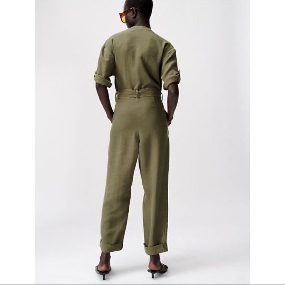 Zara Green Long Sleeves Belted Jumpsuit - Picture 2 of 15